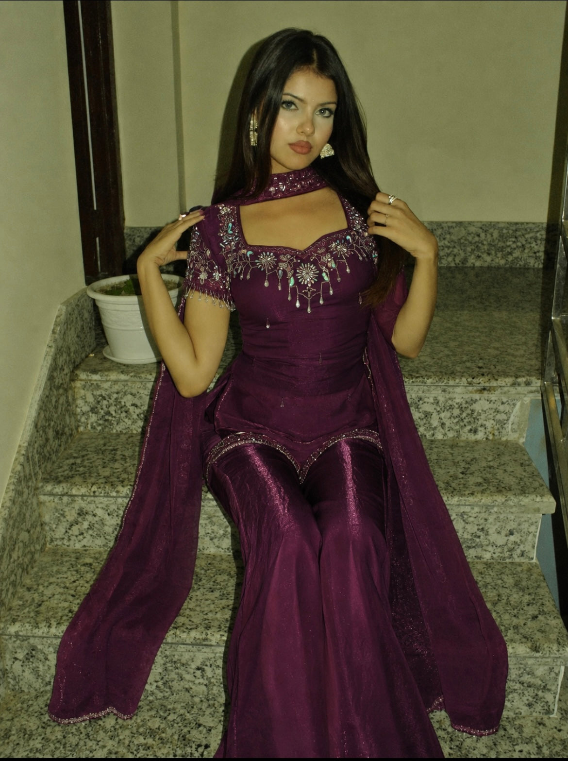 NAYAB - Deep Plum Embellished Sharara Set