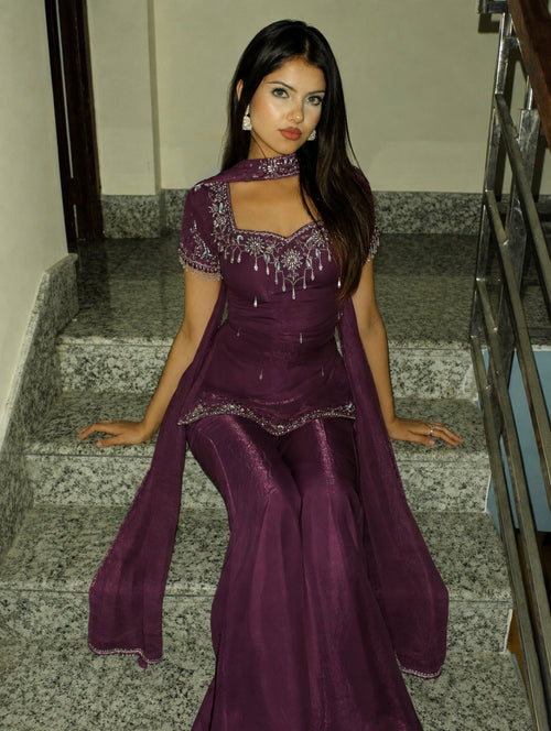 NAYAB - Deep Plum Embellished Sharara Set